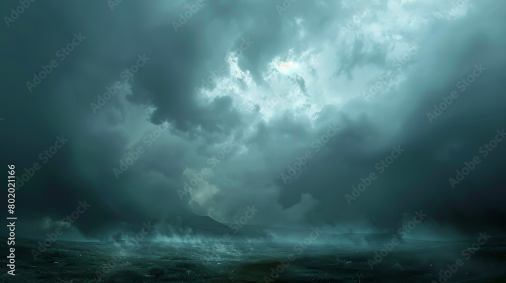A stormy ocean with dark clouds and a misty haze