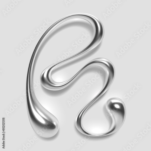 3D melted liquid metal letter R, English alphabet, with glossy reflective surface, abstract fluid droplet shape, silver chrome gradient. Isolated vector letter for modern Y2K font design