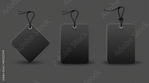 Black wobblers mockup with round and square price tags. Isolated on transparent background. Modern realistic set of blank paper wobblers with clear plastic strips for supermarket shelves.