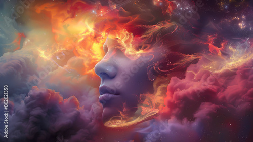 A woman's face is shown in a painting of a fiery sky photo