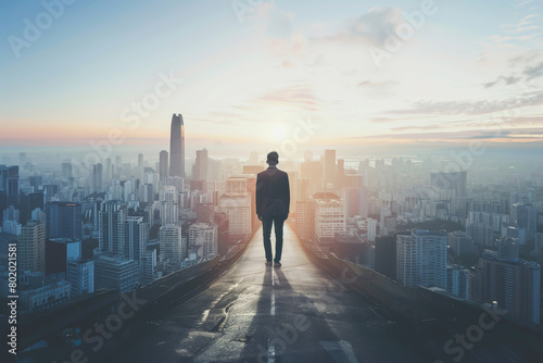 A man is standing on a city street looking out over the city