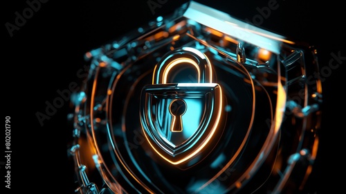 An image of a front-view padlock in a shield that deters hackers and cybercrime using artificial intelligence Using a digital mirrorless camera, light on icons, light blue and orange tone,  photo