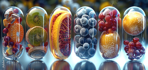 A close-up of five capsules, three depicted as fruits (kiwi, orange, blueberry, pomegranate) with vivid textures and colors, two transparent capsules filled with a fine. Generative AI. © visoot