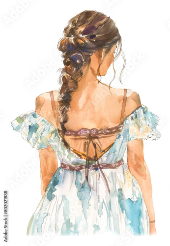 Pensive woman in a back-tied dress
