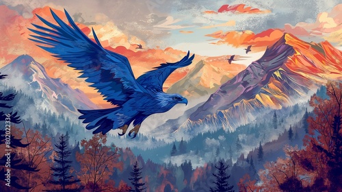 an artwork of a blue eagle with mountains and trees, in the style of dark gray, nostalgic natures, detailed, layered compositions, colorful fauna, © Muhammad