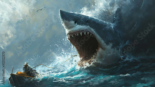 Great white shark watercolour painting showing its powerful dangerous teeth while swimming in the ocean  ecosystem, stock illustration image © Tony Baggett