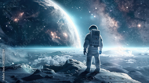 An astronaut standing on an icy planet, gazing at the vast expanse of space with Earth in view. Generative Ai Image.