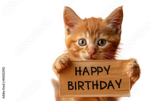 Cute Orange Kitten Holding "Happy Birthday" Sign on Transparent PNG