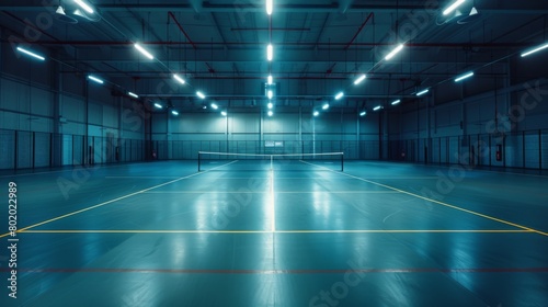 A badminton court with lights on