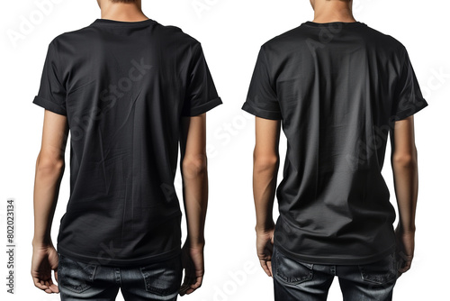 Young male in blank black t-shirt, front and back view, isolated on transparent background With clipping path. cut out. 3d render