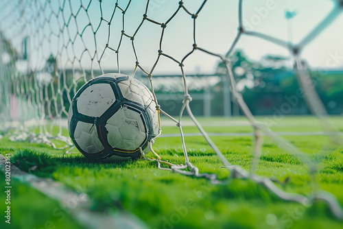 Closeup of a soccer ball in a goal  on a green grass field with a net and background. Football sport concept. sunny day. wide angle lens with natural lighting.