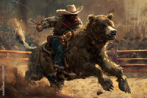 A bear wearing a cowboy hat and riding a bucking bronco in a rodeo. photo