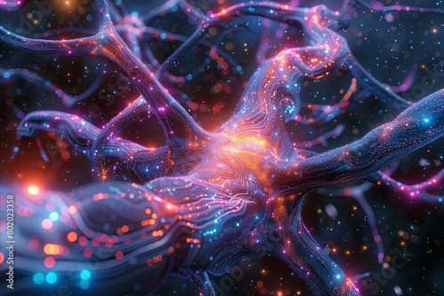 A captivating display of neural network artistry featuring data connectivity and neon glow effects