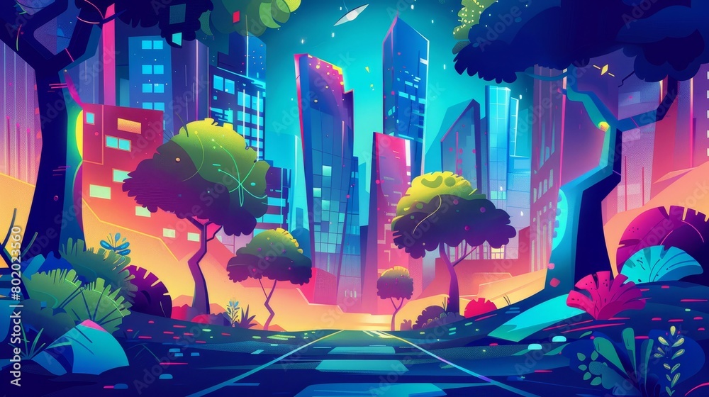 The future city, night town landscape with skyscrapers, neon lights, plants, and trees of a technopunk cityscape. Modern cartoon illustration of a cityscape with cyberpunk architecture, plants, and The future city, night town landscape with skyscrapers, neon lights, plants, and trees of a technopunk cityscape. Modern cartoon illustration of a cityscape with cyberpunk architecture, plants, and