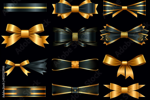 cool trendy sale stickers for business. Black Friday sale. Geometric elements for a store sale, online promotion Black gift box with golden ribbon bow on black background. 3d render generated ai