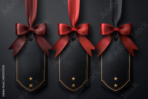 cool trendy sale stickers for business. Black Friday sale. Geometric elements for a store sale, online promotion Black gift box with golden ribbon bow on black background. 3d render generated ai