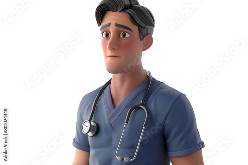 A 3D animated male doctor in scrubs, holding a stethoscope, isolated on transparent background, png file, © Realistic PNG'S
