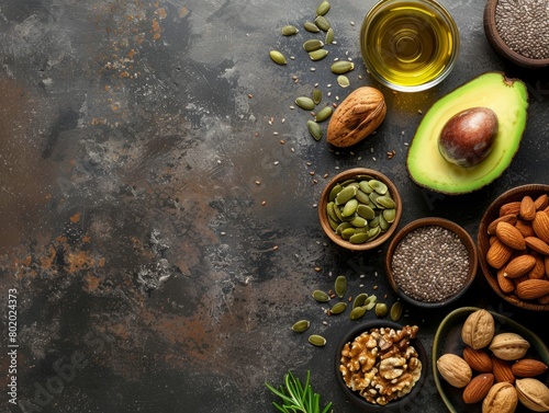 Assorted healthy fats. avocado, nuts, seeds, and olive oil with blank space for text or design 