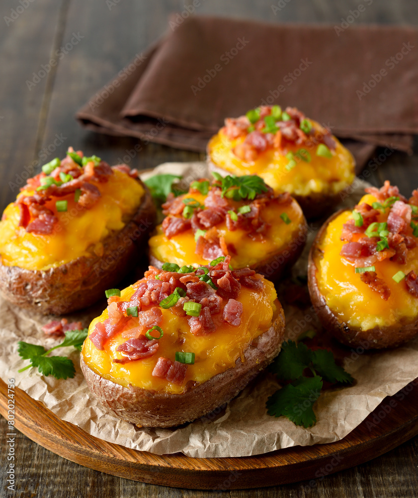 Baked stuffed potatoes with bacon, green onion and cheddar cheese Baked stuffed potatoes with bacon, green onion and cheddar cheese