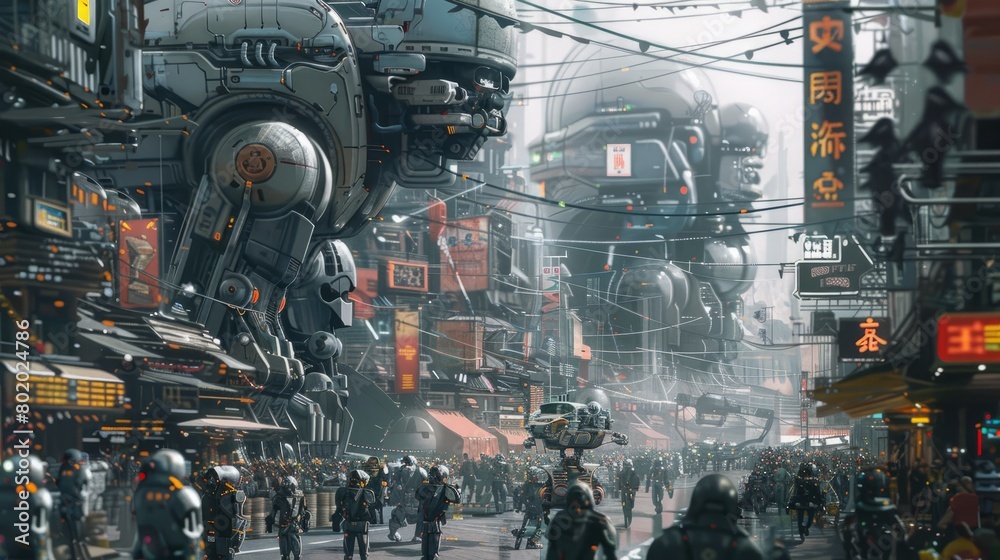 technological city with all kinds of robots on the streets