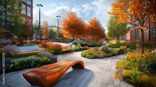 idea of urban renewal with a striking image of a modern bench in a revitalized city square, symbolizing progress and community revitalization.