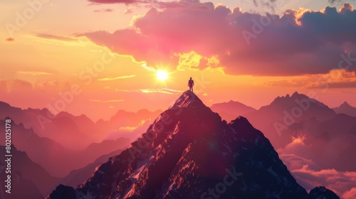 A person standing on top of a mountain at sunset #802025178