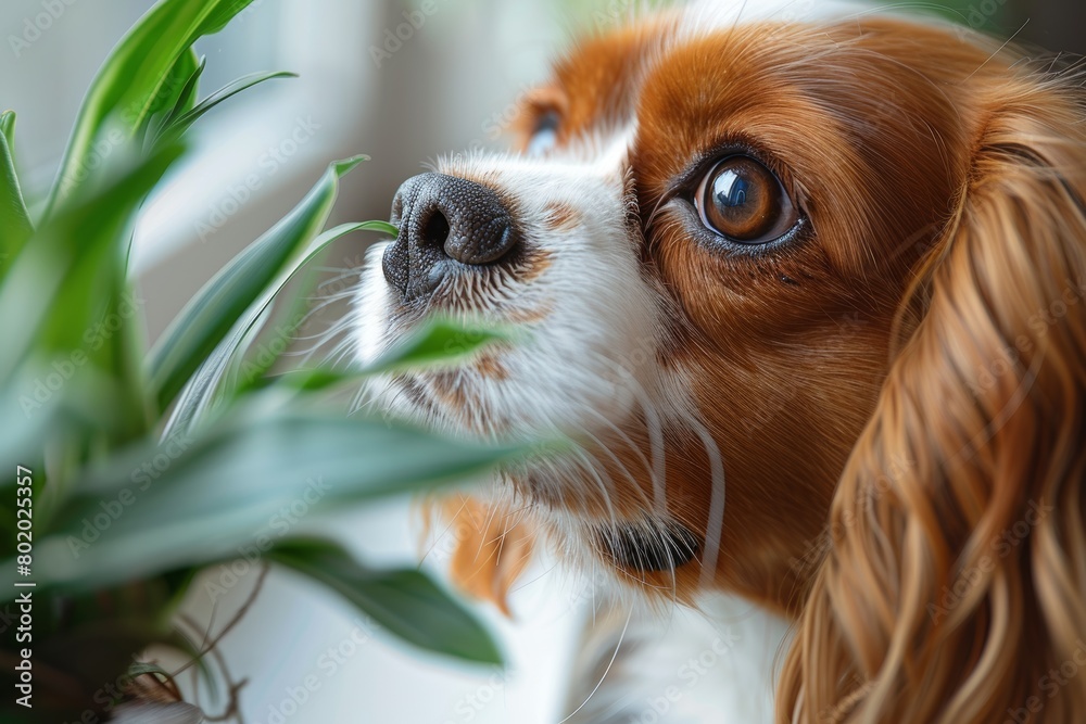 Curious Dog Sniffs Spider Plant on Windowsill Generative AI