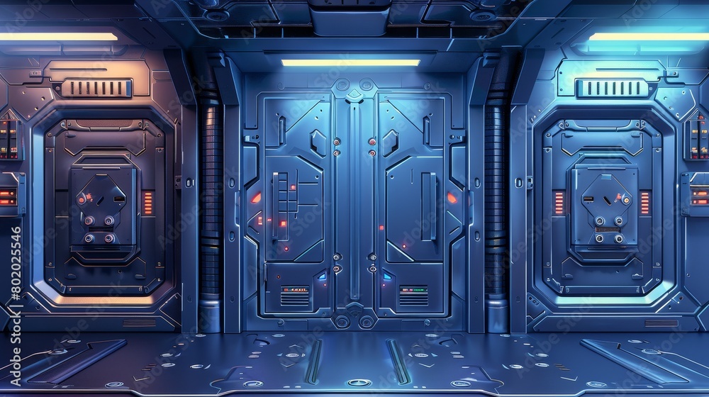 Modern realistic interior of an empty hallway in a space ship with an ...