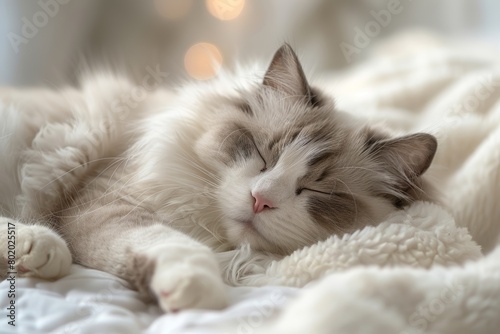 Adorable Ragdoll Cat Snoozing on Plush Pillow Generative AI