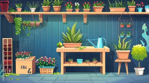 The interior of an orangery or floristic shop is illustrated with green greenhouse plants, potted flowers, a wooden table and shelves, a watering can with a green tree, and a pot with a watering can. photo