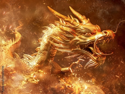 Majestic Golden Dragon on Fiery Background 