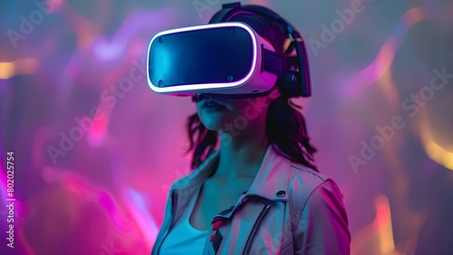 Cyberpunk woman in VR headset fully immersed in virtual reality . Concept Science Fiction, Virtual Reality, Cyberpunk, Futuristic Technology, Immersive Experience