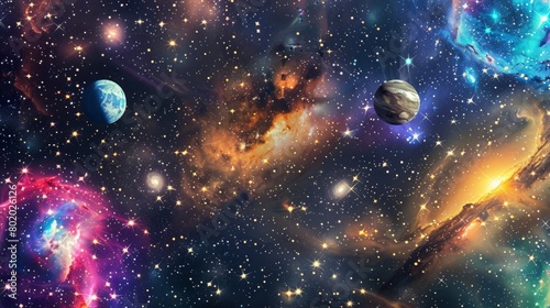 seamless pattern with outer space with stars  universes and galaxies on dark multicolored background hyper realistic 