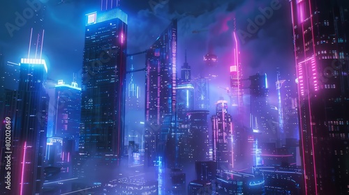 Sci-fi City Skyline with Blue and Pink Neon lights. Night scene with Visionary Skyscrapers. hyper realistic 