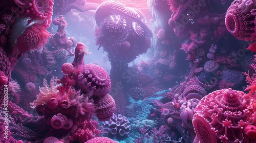 Produce a captivating 3D surreal artwork featuring a worms-eye view of a mesmerizing