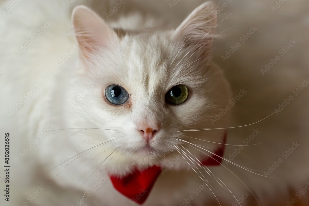 A white Turkish Angora cat with different eyes in a red bow tie. Sitting a white cat with blue and yellow eyes. White cat with different color eyes. Adorable domestic pets, heterochromia. High quality