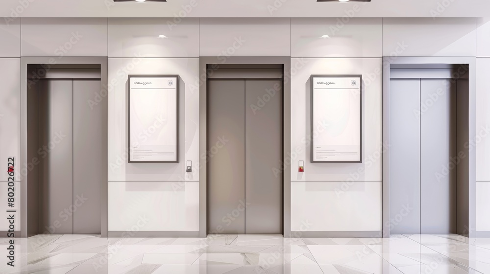 Mockup of elevators with doors close and advertisements displayed on the wall in a modern hotel hall. Office or modern hotel lobby with empty elevators and blank display. Mockup of elevators with doors close and advertisements displayed on the wall in a modern hotel hall. Office or modern hotel lobby with empty elevators and blank display.