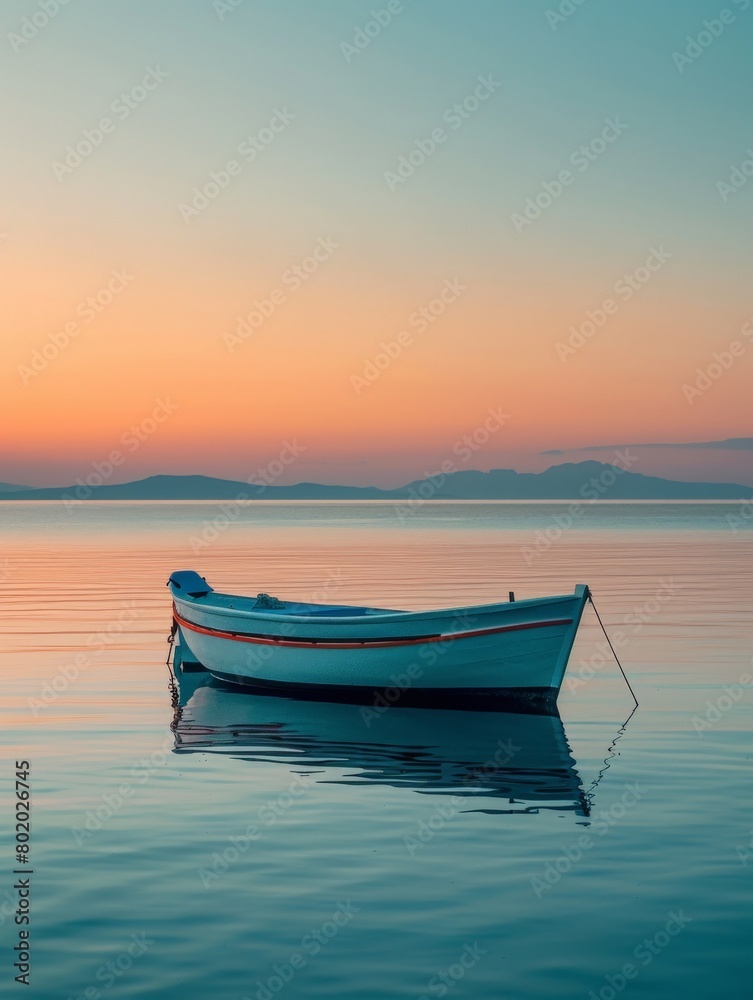 A lone fishing boat drifting on the calm waters of the Aegean Sea at sunset.