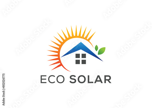 Minimalist eco solar energy vector logo. Modern Green energy solar logo vector logo. Home, Leaf, Sun logo