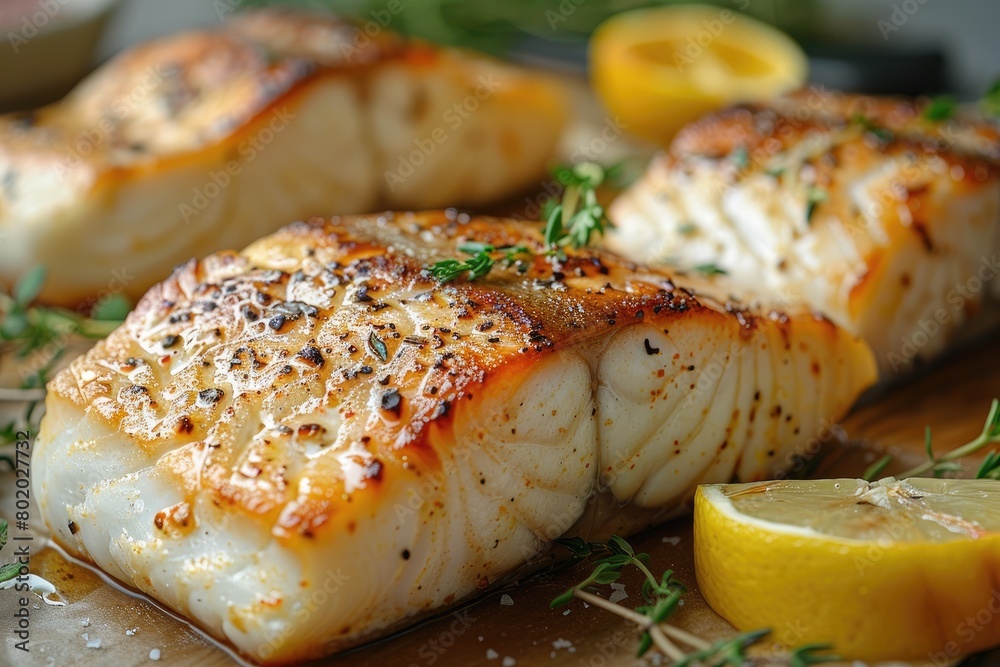 Baked halibut fillet on kitchen table plate professional advertising food photography Baked halibut fillet on kitchen table plate professional advertising food photography