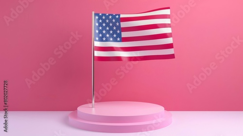 3d rendering of USA flag with podium for product presentation, Advertising Stand on blue background