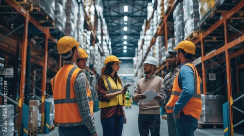 A team of warehouse workers in safety vests engage in a group discussion in a large modern logistics center. AIG41 photo