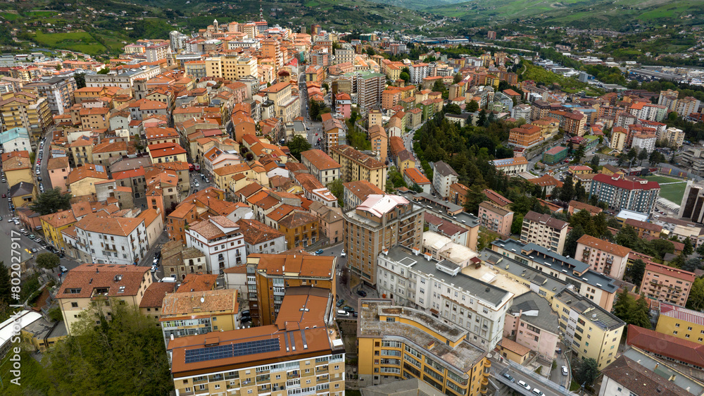 Aerial view of the historic center of the city of Potenza, in Basilicata, Italy. The old city is built on the top of a mountain.