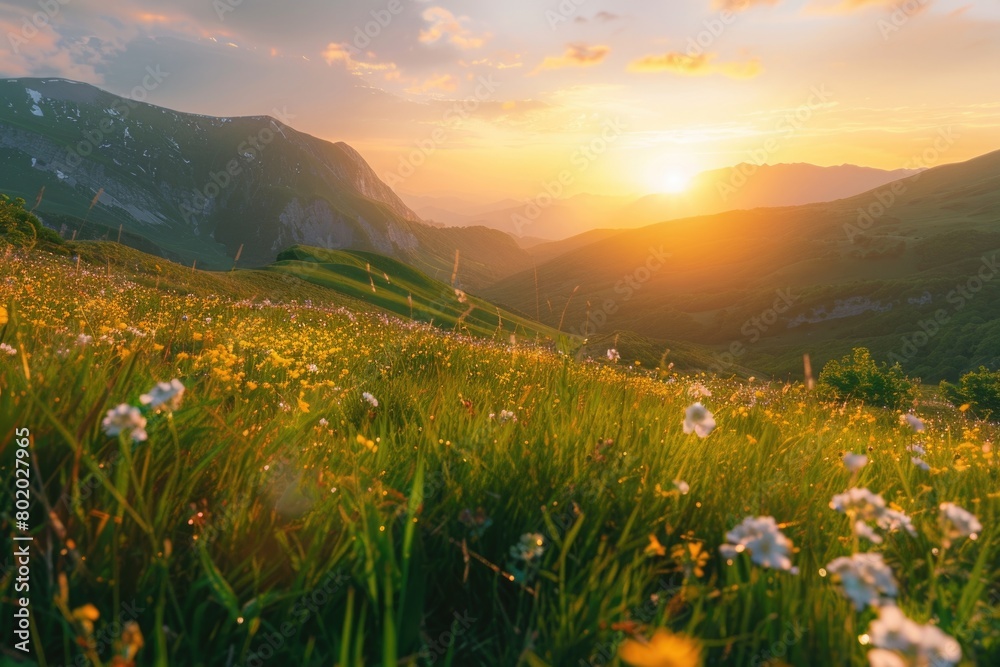 Sunny Mountain Valley at Sunset with Summer Grass Landscape