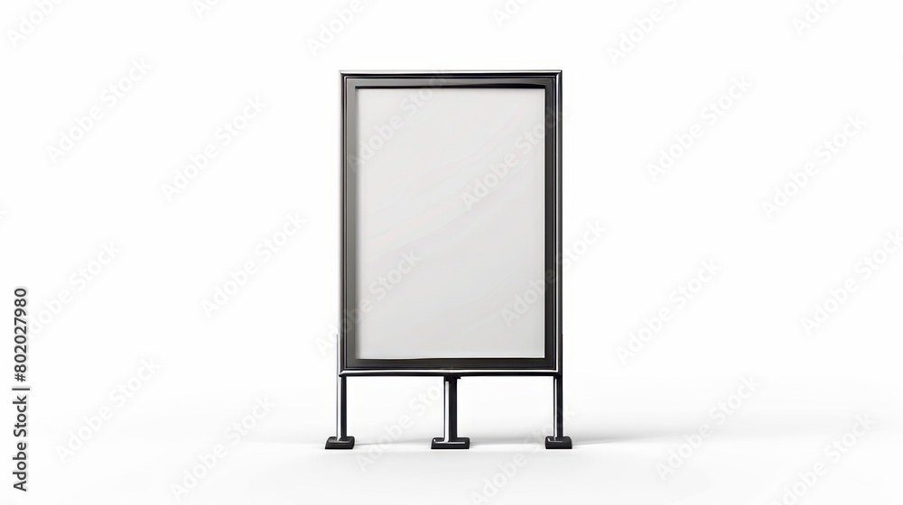 This modern mockup shows a white sandwich board with a metal frame and a handheld banner for an announcement, advertisement or menu. This modern mockup shows a white sandwich board with a metal frame and a handheld banner for an announcement, advertisement or menu.