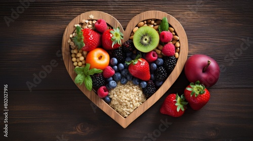 A vibrant photo showcasing a heartshaped bowl filled with nutritious diet foods, including fresh fruits, vegetables, and whole grains, promoting heart health and cardiovascular wellness