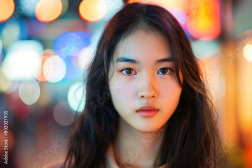 General Public: Beautiful Asian Teenage Girl in a Diverse Crowd © AIGen