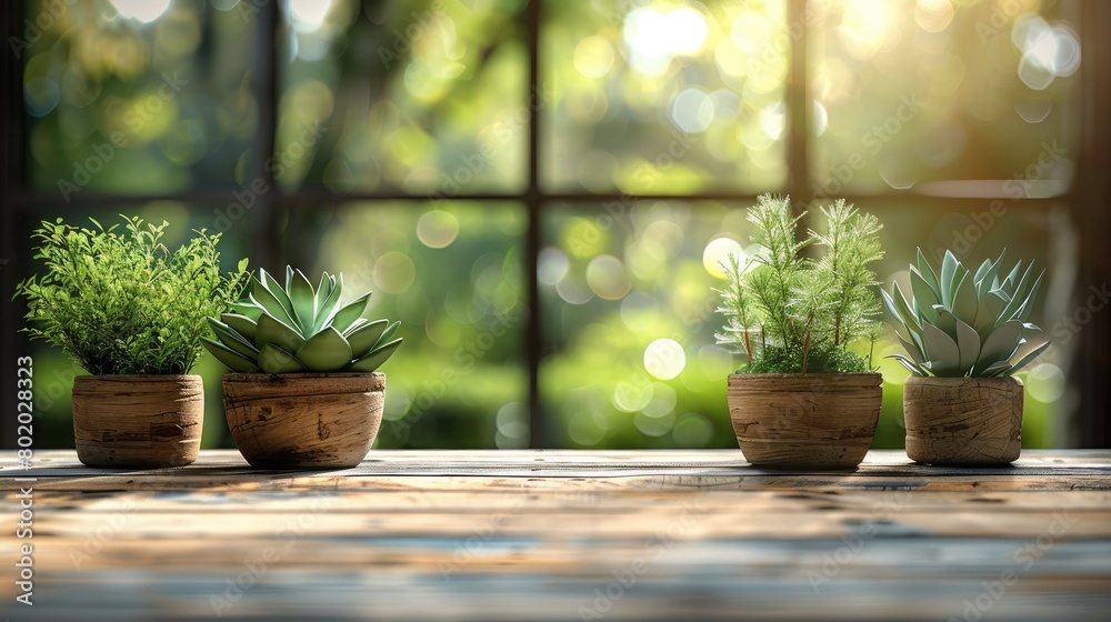 A wooden table top with pot plants blurred background for products, Bright color. Generative AI. A wooden table top with pot plants blurred background for products, Bright color. Generative AI.