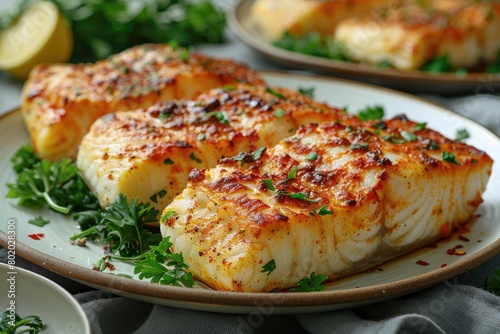 Baked halibut fillet on kitchen table plate professional advertising food photography