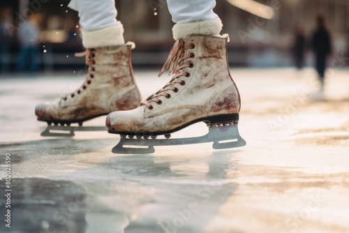 Close-up of outdoor ice skating  showing skates on the ice.
